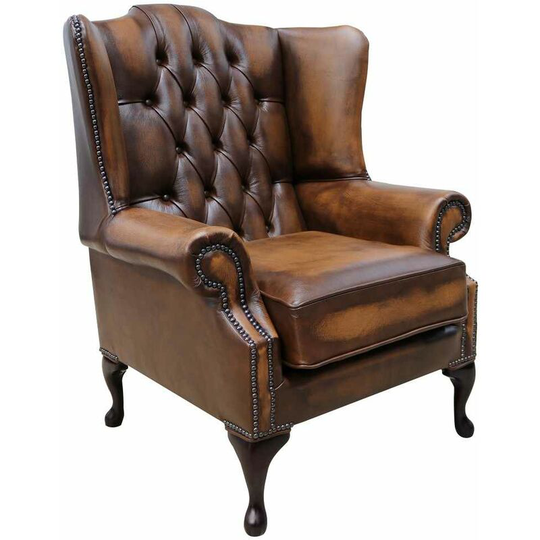 Chesterfield Bloomsbury Flat Wing Queen Anne High Back Wing Chair Antique Tan Leather