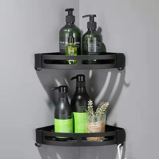 No Drilling Shower Shelf, Black Corner Shower Shelf, Shower Storage with 4 Hooks, Aluminum Rustproof No Drilling Bathroom Shelf (2 Pieces)