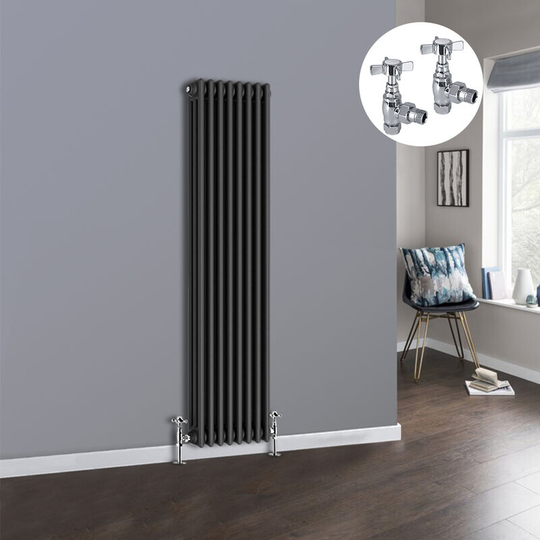 NRG - Anthracite 3 Column Traditional Cast Iron Style Radiator with Chrome Angled Cross Head Manual Valves Vertical 1500x382mm