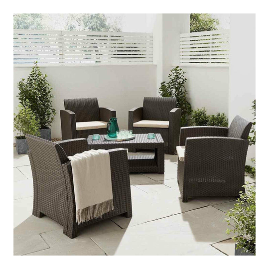 Marbella 4 Seat Rattan Armchair Outdoor Garden Set Coffee Table Brown Cream - Brown