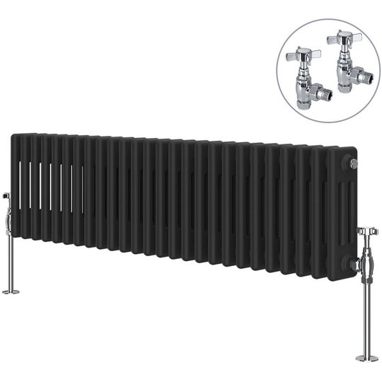 NRG - Black Traditional Cast Iron Style Radiator with Chrome Angled Cross Head Manual Valves Horizontal 3 Column 300x1192mm