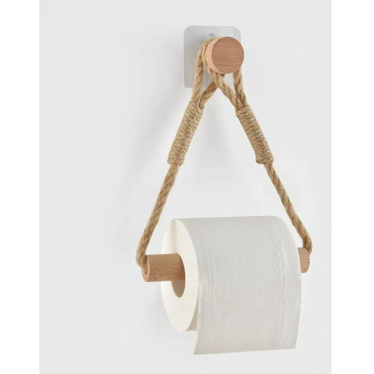 Bett Self Adhesive Toilet Roll Holder, Bathroom Paper Holder Toilet Towel Roll Holder Wooden Rope Rustic Towel Ring