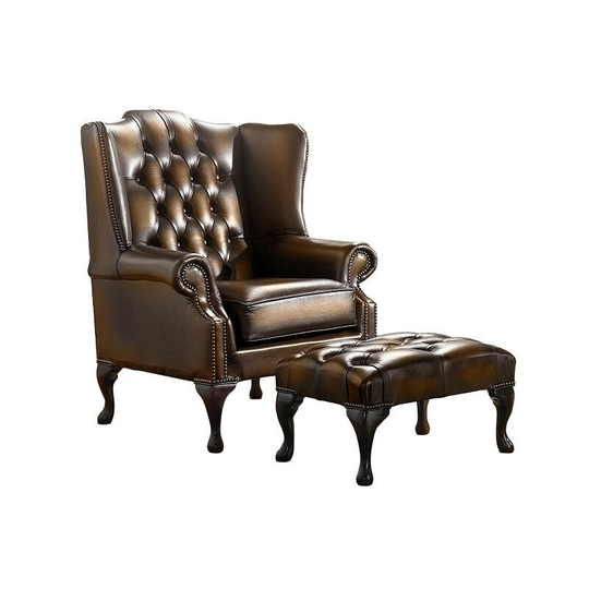 Designersofas4u - Chesterfield Handmade Mallory Flat Wing Back Armchair Antique Autumn Tan Leather + Footstool