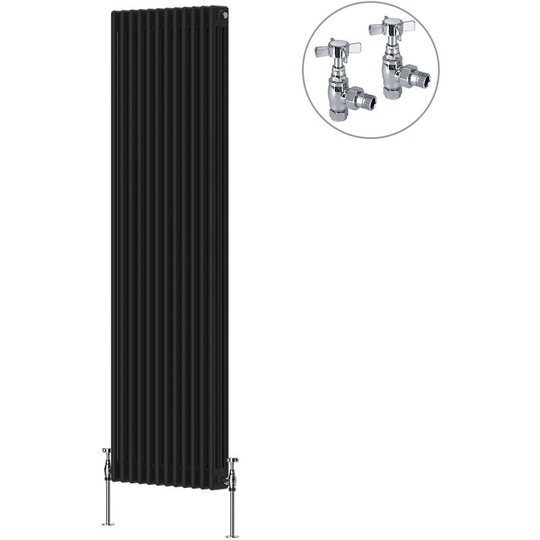 NRG - Black Traditional Cast Iron Style Radiator with Chrome Angled Cross Head Manual Valves Vertical 3 Column 1800x562mm