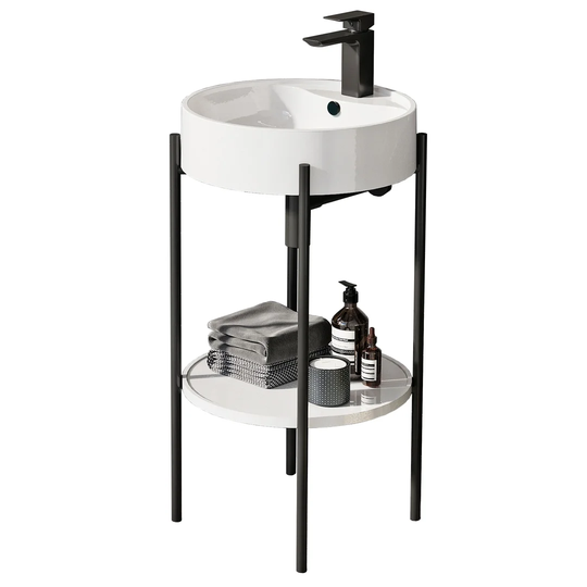 Edson White/Black Polymarble Circular Washstand Bathroom Sink with Overflow