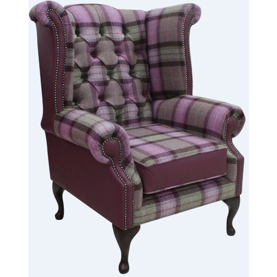 Chesterfield Queen Anne Wool Tweed Leather Wing Chair Fireside High Back Armchair Skye Amethyst Check