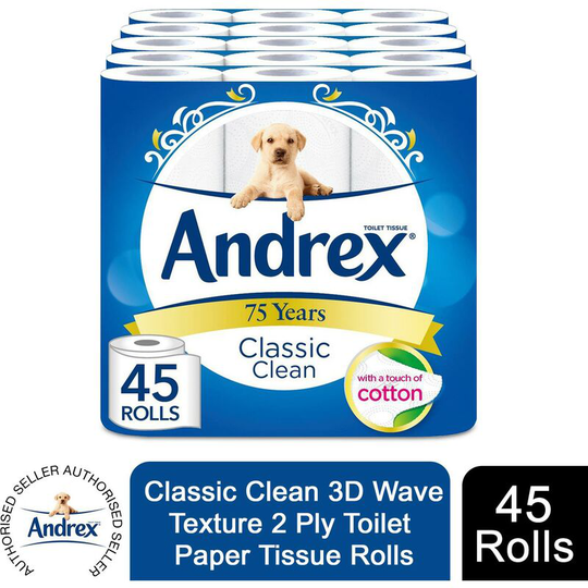 Classic Clean 3D Wave Texture 2 Ply Toilet Paper Tissue Rolls, 45 Rolls - Andrex