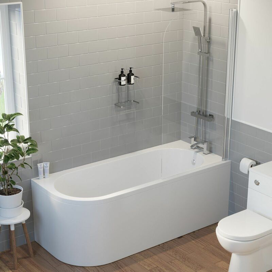 Affine - Bathroom 1700 j Shape Right Hand Bath Shower Screen Front Panel Corner Bathtub - White