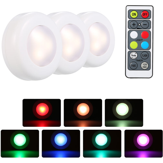 Rgb led Under Cabinet Lamp Puck Light 3 Pack with Remote Control Brightness Adjustable Dimmable Timing Supported 16 Colors Automatic Changing