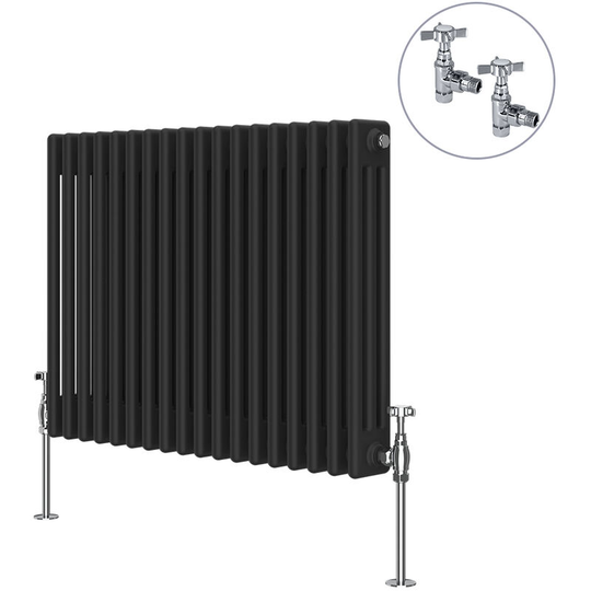 Traditional Rad Cast Iron Style Radiator Black + Chrome Angled Traditional Radiator Manual Valves 600x830mm Horizontal Triple Column