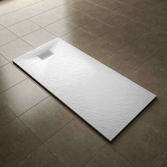 1700x800mm Slip-Resistance Shower Tray White Slate Effect Square Shower Enclosure Base with Waste Trap and Stainless Steel Drain Cover b - Elegant