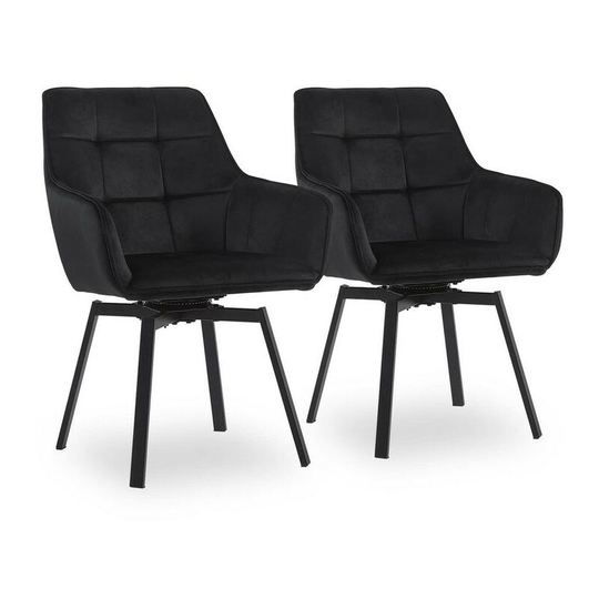 2 x Dining Chair, Velvet Padded Seat 360°Swivel Armchair with Backrest and Metal Legs, Black