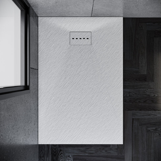 1700 x 800 x 30 mm Low Profile Shower Tray Anti-Slip Rectangular White Shower Tray for Shower Enclosure Cubicle with Waste Trap, Slate Drain Cover