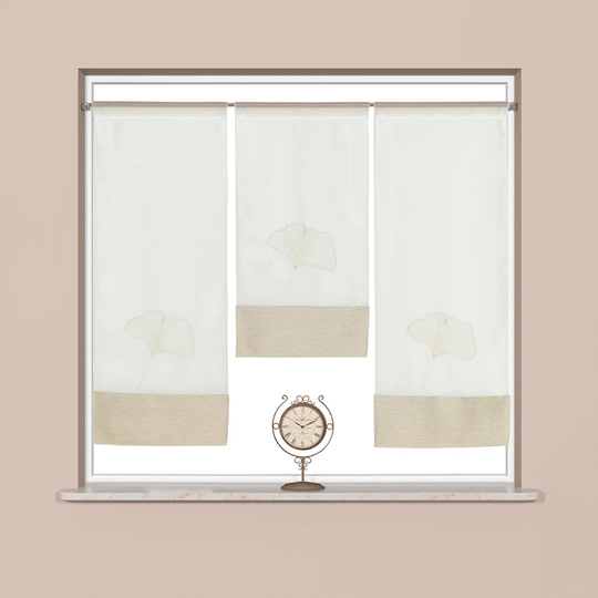 Panel curtain "3 piece set of mini surfaces, kitchen curtain, bistro curtain 4021 01 Ginkgo leaf embroidery white beige", EXPERIENCE, rod passage (3 p