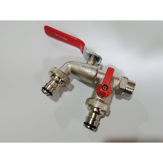 Perlerare - Premium Double Garden Faucet 1/2' Inch (Red) - Double Outlet Tap - Outdoor Faucet Brass Anti-Frost Stainless Steel - Ball Valve Manifold