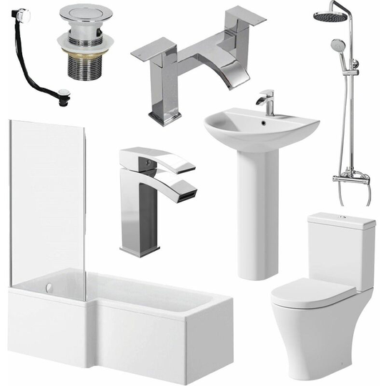 Bathroom Suite L Shaped LH Bath Toilet Basin Sink Shower Taps Set - White