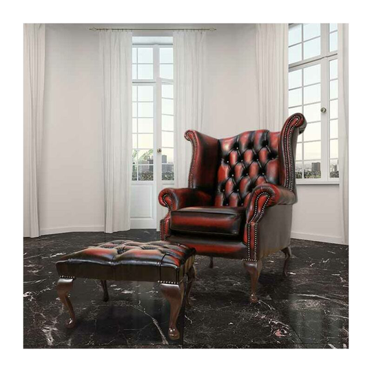 Chesterfield Offer Queen Anne High Back Wing Chair Antique Oxblood Leather Footstool