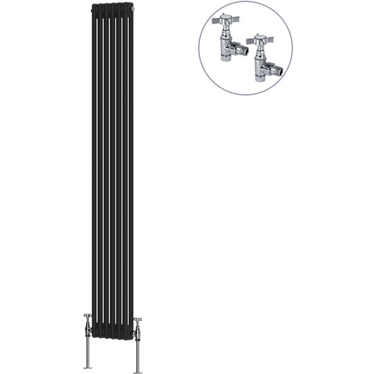 Traditional Rad Cast Iron Style Radiator Black + Chrome Angled Traditional Radiator Manual Valves 1800x290mm Vertical Double Column