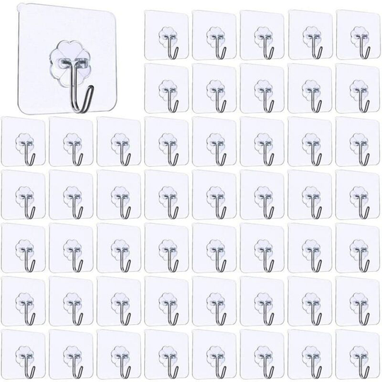 50 Pack Waterproof Clear Hooks,Clear Adhesive Hooks,Self Adhesive Plastic Hook,Clear Reusable Adhesive Wall Hook,Hook for Kitchen or Bathroom