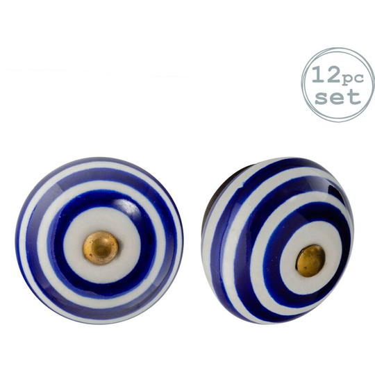 Round Ceramic Cabinet Knobs - Navy Stripe - Pack of 12 - Nicola Spring