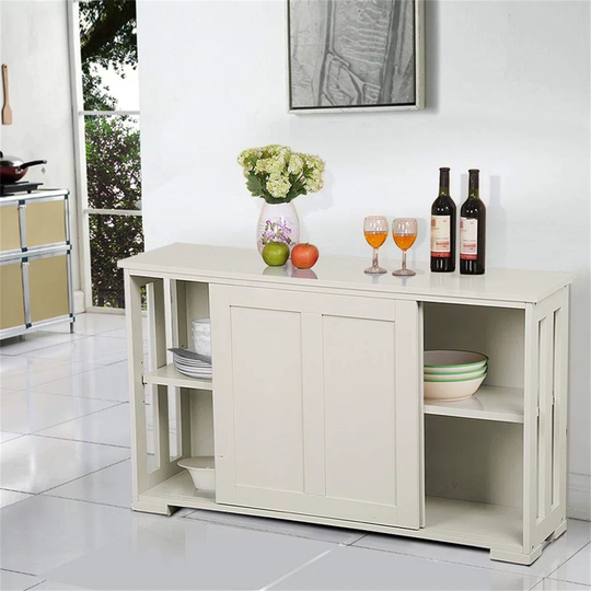 Wooden Kitchen Storage Cabinet With Sliding Door & Adjustable Shelf, Stackable Buffet Sideboard Floor Cupboard For Dining Living Room Hallway, 107 X 3