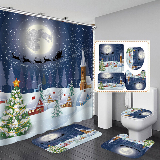 4 Pack Christmas Bathroom Sets with Non-Slip Mats, Toilet Lid Cover, Bath Mat and Shower Curtain with 12 Hooks for Christmas Decoration d