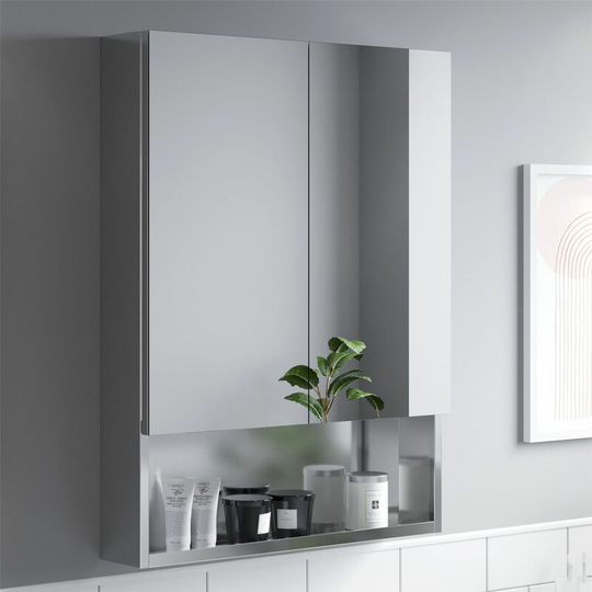 Bathroom Double Door Mirror Stainless Steel Shelf Modern Cabinet 600 x 800mm - Silver