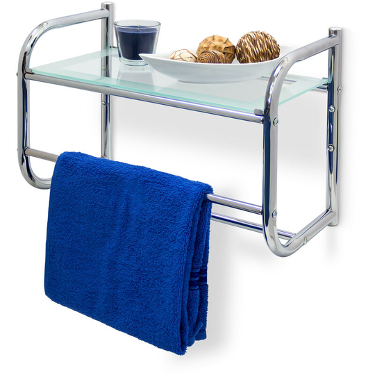Relaxdays - Stainless Steel Wall Shelf with Towel Rail and Glass Shelf (34 x 45 x 23 cm) Bathroom Shelf with 2 Towel Rails Modern Style Glass &