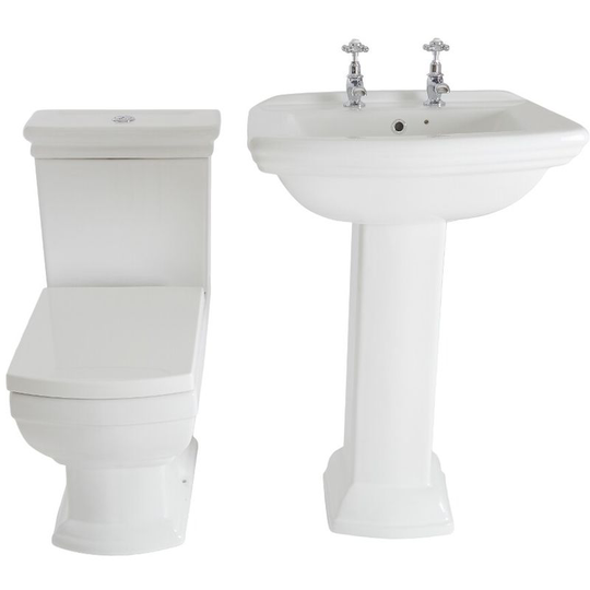 Milano - Sandringham - White Ceramic Traditional Close Coupled Toilet wc and Bathroom Basin Sink with Full Pedestal and Two Tap Holes