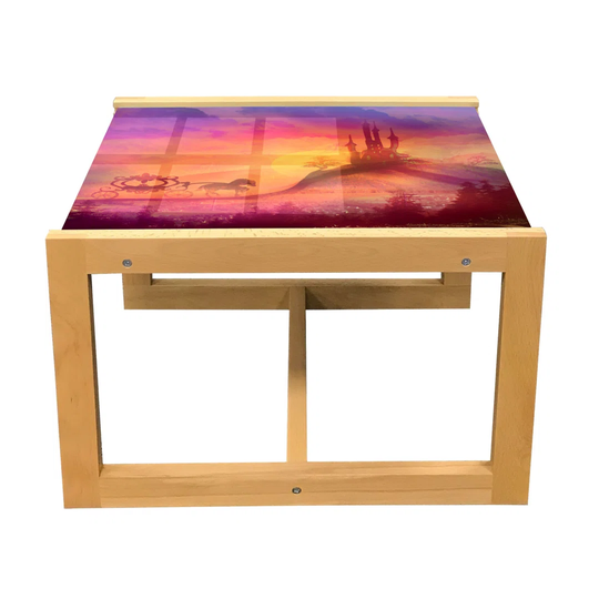 Fantasy Coffee Table, Gothic Medieval Castle And Carriage Horse Imaginary Kingdom Mystery Style Print, Acrylic Glass Center Table With Wooden Frame Fo