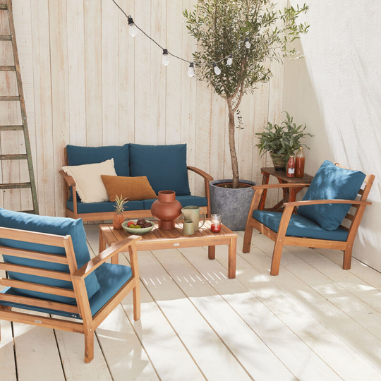 Alice's Garden - 4-seater wooden garden sofa - Ushuaïa - Cobalt blue cushions, acacia wood sofa, armchairs and coffee table, designer piece - Wood