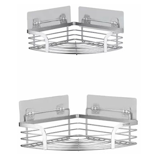 Set of 2 Corner Shower Shelf without Drilling Bathroom Shelf Adhesive Stainless Steel Triangle Basket Storage for Shampoo Soap with Hooks (small +