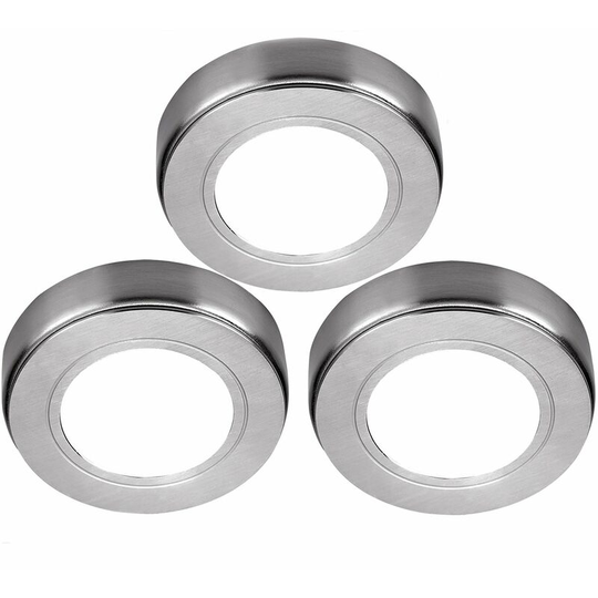 3x brushed nickel Round Surface or Flush Under Cabinet Kitchen Light Kit - 240V Mains Powered - Natural White led