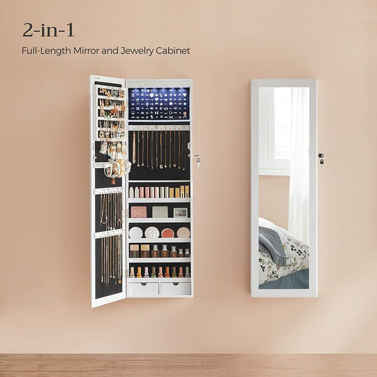 Led Jewellery Cabinet Lockable Wall/Door-Mount 2 Drawers White JBC93W - White