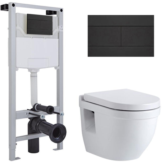 Milano - Newby - White Ceramic Modern Bathroom Wall Hung Round Toilet wc with Tall Wall Frame, Dual Flush Cistern, Soft Close Seat and Black Flush