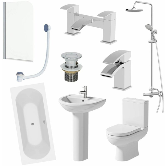 Bathroom Suite 1800 Double Ended Bath Toilet Basin Pedestal Shower Screen Panel - White