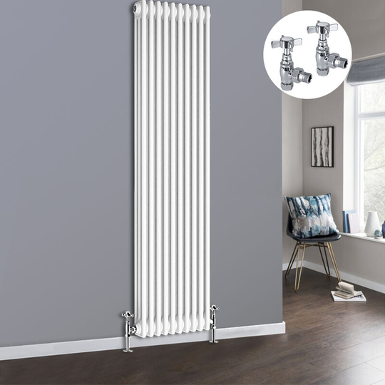 White 3 Column Traditional Cast Iron Style Radiator with Chrome Angled Cross Head Manual Valves Vertical 1800x472mm