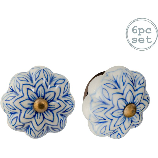 Floral Ceramic Cabinet Knobs - Light Blue - Pack of 6 - Nicola Spring