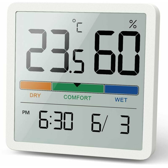 Interior thermometer, digital desktop thermometer with temperature and humidity monitor, atmosphere with precise humidity gauge with clock (white)