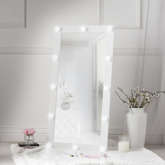 Saskia - Wall Mounted/Standing Large Mirror Illuminated 12 Hollywood Bulbs led Lights Dimmable Switch Vanity Makeup Bedroom Furniture - White