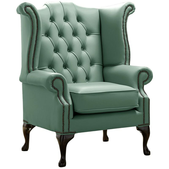Chesterfield Queen Anne High Back Wing Chair Shelly Lichen Leather