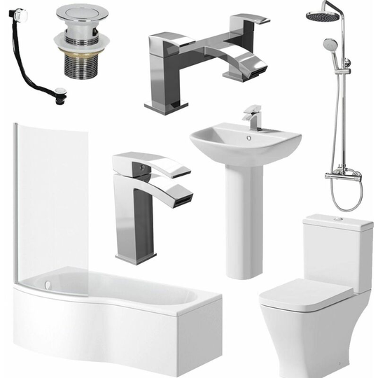 Complete Bathroom Suite p Shape lh Bath Panel Screen Basin wc Shower Taps Set - White