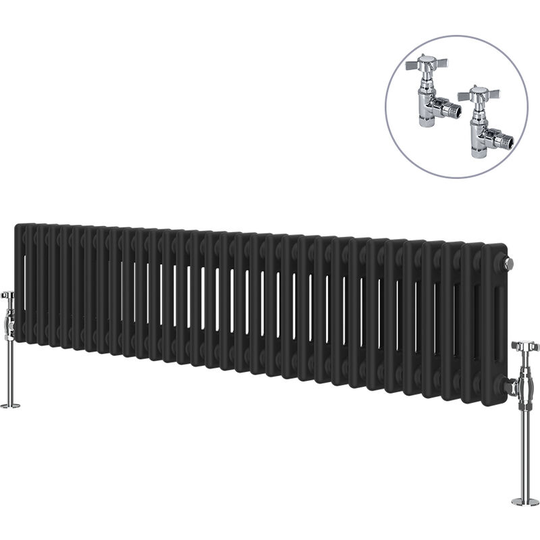 NRG - Traditional Rad Cast Iron Style Radiator Black + Chrome Angled Traditional Radiator Manual Valves 300x1460mm Horizontal Double Column