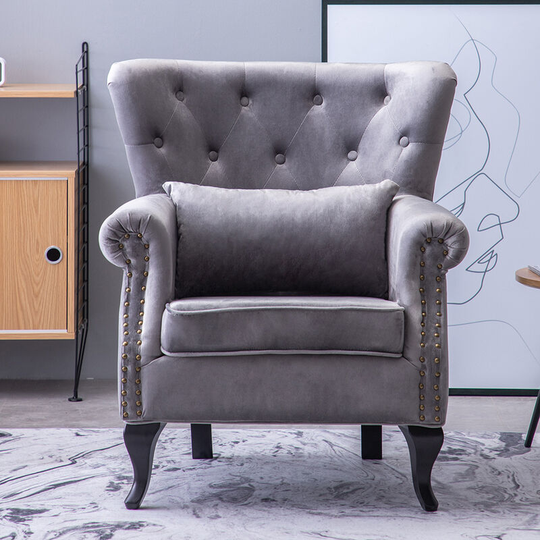 Livingandhome Grey Velvet Armchair with Thick Cushion and Lumbar Pillow
