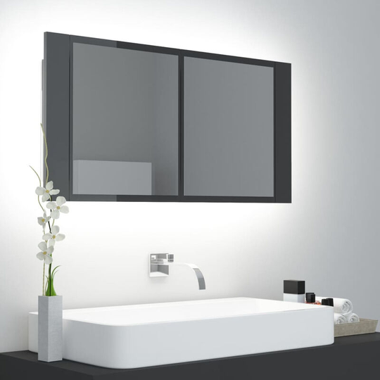 Led Bathroom Mirror Cabinet High Gloss Grey 90x12x45 cm