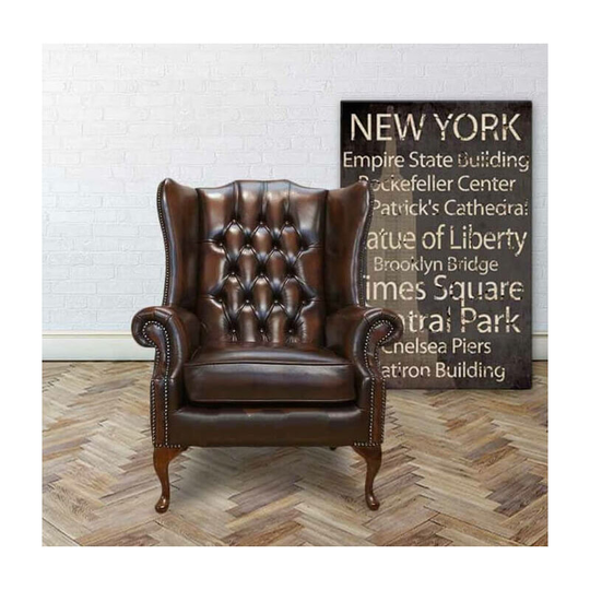 Designersofas4u - Chesterfield Prince's Mallory Flat Wing Queen Anne High Back Wing Chair uk Manufactured Antique Brown