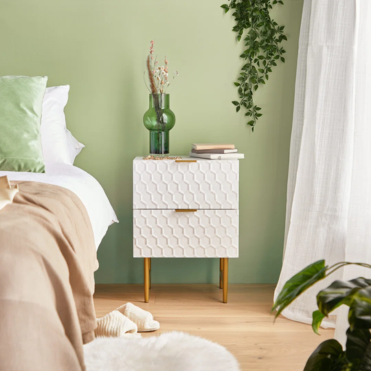 Brampt White/Gold Bedside Table 2 Drawer Geometric Design