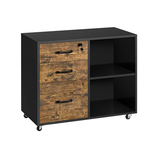 3-Drawer and 2- Open Shelf File Cabinet, Rustic Brown & Black - black/rustic Brown - Yaheetech