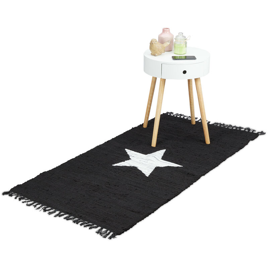 Rug Rag 70 x 140 cm with Star Motif made of 100% Cotton, with Fringes, Hallway Mat, Black - Relaxdays