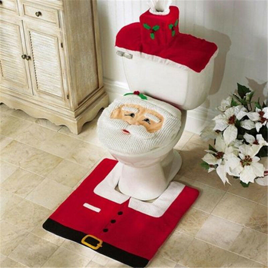 Set of 3 Toilet Seat Covers and Nose Santa Mat Funny Christmas Decorations for Bathroom